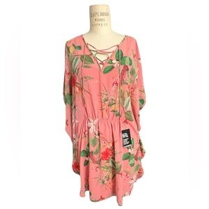 NWT Express Hawaiian Tropical‎ Pink Floral Lace-Up Resortwear Mini Dress Women M